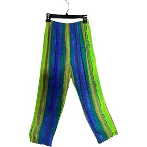 Beverly Rose Vintage Abstract Green Yellow Blue Pull On Pants Sz M
